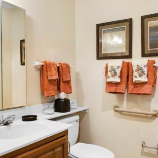 A neatly arranged bathroom with orange towels and decorative wall art.