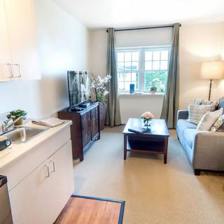 A cozy living room with a sofa, coffee table, and a kitchenette.