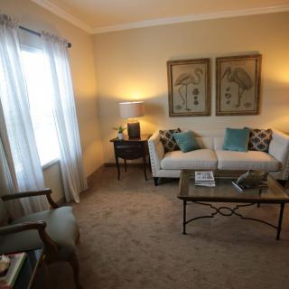 A cozy living room with a sofa, coffee table, and elegant decor.