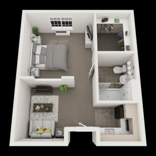 A 3D floor plan of a one-bedroom apartment featuring a living area, kitchen, bathroom, and bedroom.