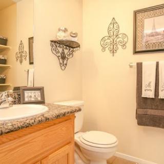 A beautifully decorated bathroom featuring a granite countertop, stylish towels, and elegant wall accents.