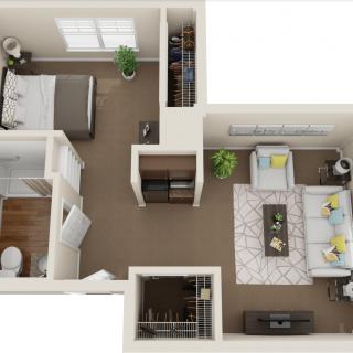 A 3D floor plan of a one-bedroom apartment featuring a living room, kitchen, and bathroom.