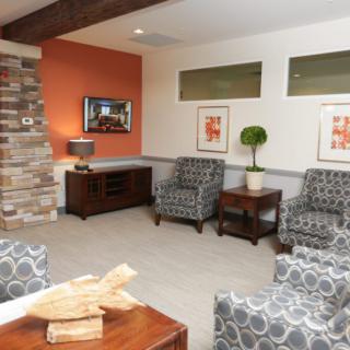 A modern living room featuring armchairs, a stone fireplace, and orange accent walls.