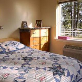 A cozy bedroom with a quilted bedspread and sunlight streaming through the window.