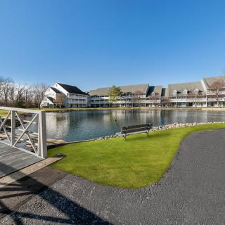 A scenic view of a park with a lake, surrounded by modern buildings, featuring a bridge and a bench under a clear blue sky.