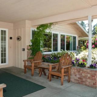 A cozy patio with wooden chairs, surrounded by vibrant plants and flowers.