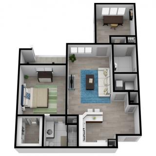 A detailed floor plan of a one-bedroom apartment, featuring a living room, kitchen, bathroom, and office space.