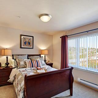 A cozy bedroom with a wooden bed, bedside lamps, and a large window.
