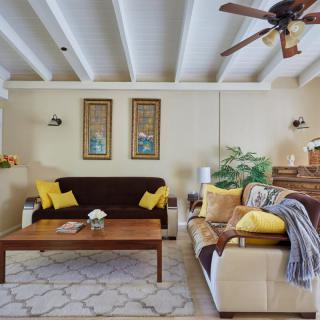 A cozy living room with a stylish interior, featuring two sofas, a wooden coffee table, decorative pillows, plants, and elegant artwork on the walls.