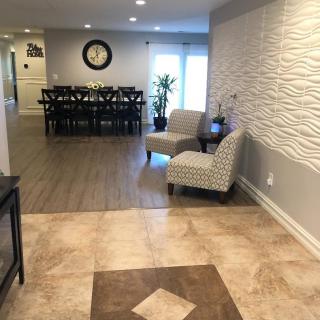 Modern interior with a dining area and cozy seating arrangement.