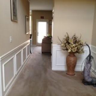 A well-decorated hallway with wainscoting, featuring a vacuum cleaner and a large floor vase with decorative plants.