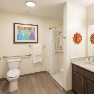 A modern bathroom featuring a toilet, shower, and vanity with decorative artwork on the walls.