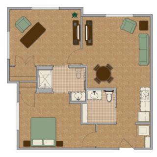 A floor plan showing a one-bedroom apartment layout with a living room, kitchen, bathroom, and dining area.
