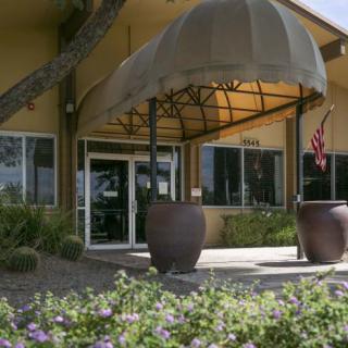 A building entrance with an awning and landscaped surroundings.