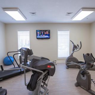 A modern gym with various exercise equipment including treadmills and stationary bikes.