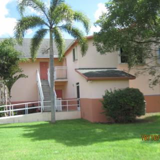 An apartment building with palm trees and a well-maintained grassy lawn on a sunny day.