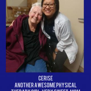 A physical therapist and a patient smiling together, showcasing a positive healthcare interaction.