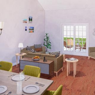 A modern and cozy living space featuring a comfortable seating area and dining setup, illuminated by natural light.