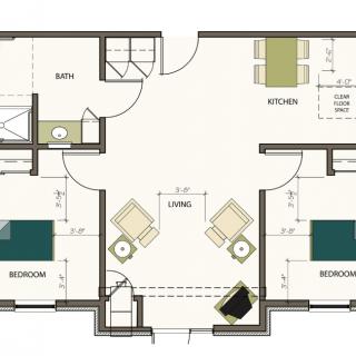 A detailed floor plan showing an apartment layout with labeled rooms and furniture placement.