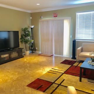A modern living room with a television, sofa, and decorative rug.