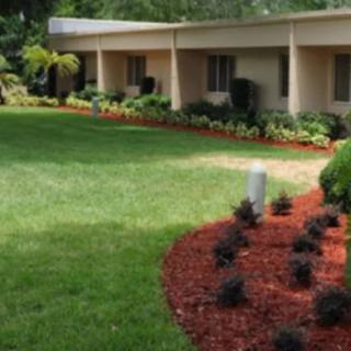 A well-maintained lawn with neatly arranged shrubs and mulch in front of a building.