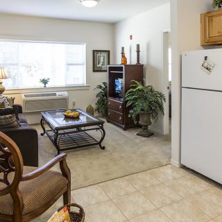 A cozy living room and kitchen area with modern furniture and decor.