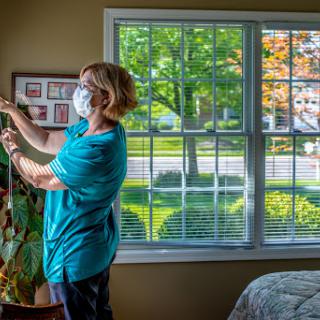 A person in a blue shirt adjusts a plant indoors while wearing a mask, with sunlight streaming through the window.