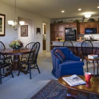 An open floor plan living space with a kitchen, dining area, and cozy seating.
