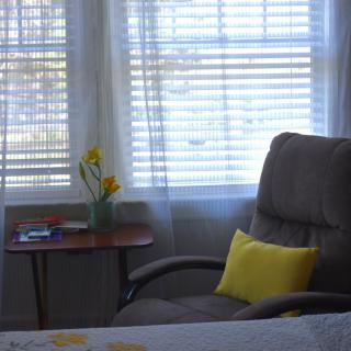 A cozy corner of a living room featuring a comfortable armchair with a yellow cushion, accompanied by a small table holding a vase with flowers near the window.