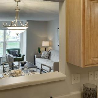 A modern open-concept living and dining area viewed from the kitchen, featuring stylish furniture and a chandelier.