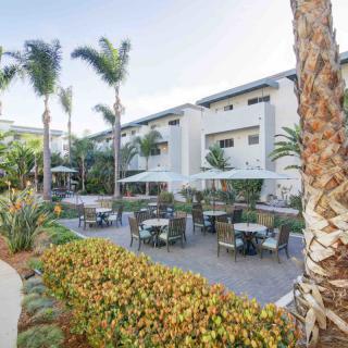 A hotel patio area with outdoor seating surrounded by palm trees and lush landscaping.