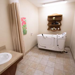 A bathroom with a walk-in bathtub, sink, and wall-mounted shelf.