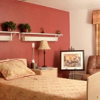 A cozy bedroom with a single bed, wall shelves, and a framed artwork.