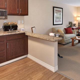 A cozy living space with a kitchen area, featuring wooden cabinets and a granite countertop.