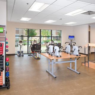 A well-equipped gym featuring various exercise machines and weights, providing a spacious area for workouts.