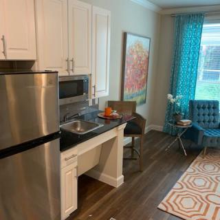 A modern apartment kitchen with stainless steel appliances and vibrant decor.