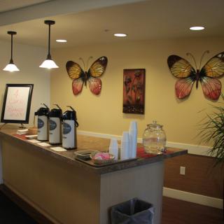 A welcoming reception area with a coffee station and butterfly wall decorations.