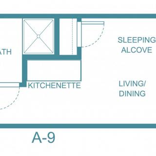 Studio apartment layout featuring a sleeping alcove, living/dining area, kitchenette, and bath.
