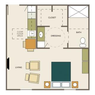 A floor plan of a one-bedroom apartment featuring a living room, kitchen, dining area, closet, dressing area, and bathroom.