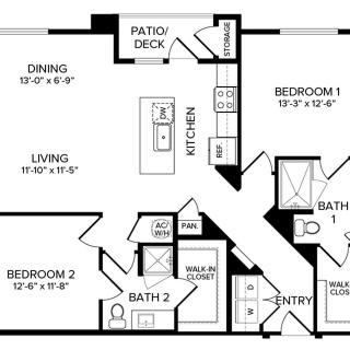 A floor plan of a two-bedroom apartment featuring living and dining areas, a kitchen, two bathrooms, and a patio/deck.