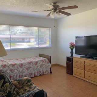 A cozy bedroom with a single bed, dresser, and television, featuring a large window and ceiling fan.