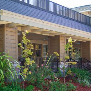 A modern building exterior with well-maintained landscaping and garden plants.