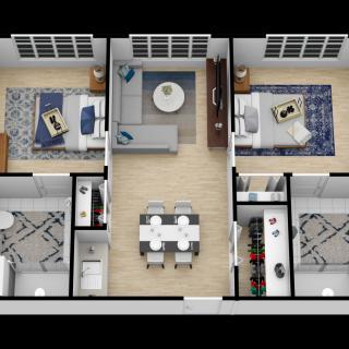 A top-view floor plan of a modern apartment featuring two bedrooms, a living room, dining area, kitchen, and two bathrooms.