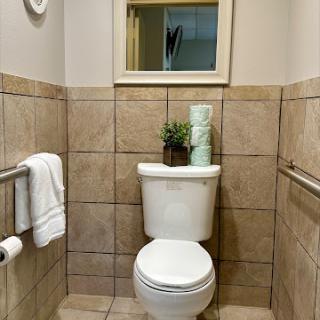 A neatly arranged bathroom with a toilet, small plant decoration, and tiled walls.