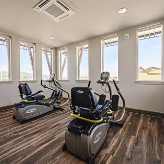 A modern gym room with exercise equipment and natural lighting.