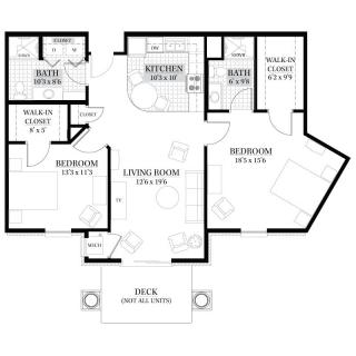 A floor plan of a two-bedroom apartment, featuring a living room, kitchen, two bathrooms, and a deck.