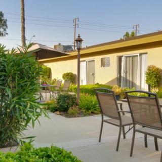 A peaceful garden patio with chairs and lush greenery surrounding a modern building.