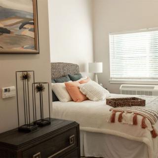 A cozy, modern bedroom with a neatly made bed featuring decorative pillows and a throw blanket, complemented by soft natural light from the window.