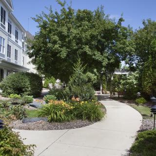 A scenic garden pathway surrounded by lush greenery and a building on a sunny day.