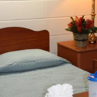 A cozy bedroom scene featuring a neatly made bed with a single pillow, a nightstand adorned with a lamp and flower arrangement.